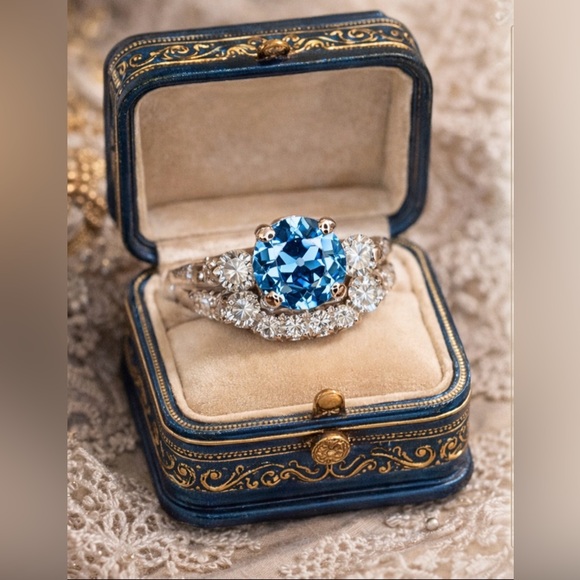 Jewelry - 2.55 ctw Old European Cut Blue Lab and Natural Diamond Wedding Set